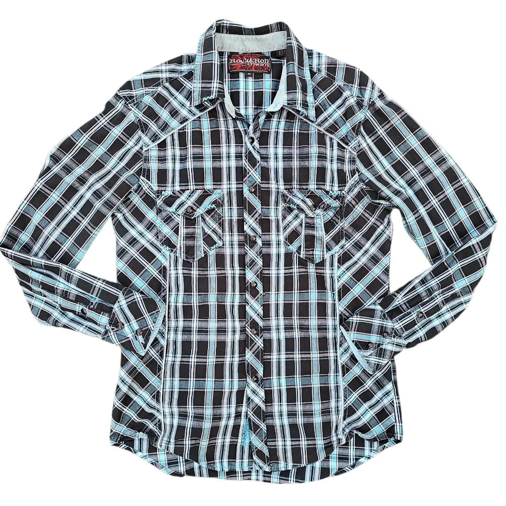 Rock & Roll Men’s Pearl Snap Shirt Plaid Western Panhandle Slim Cowboy Sz Medium